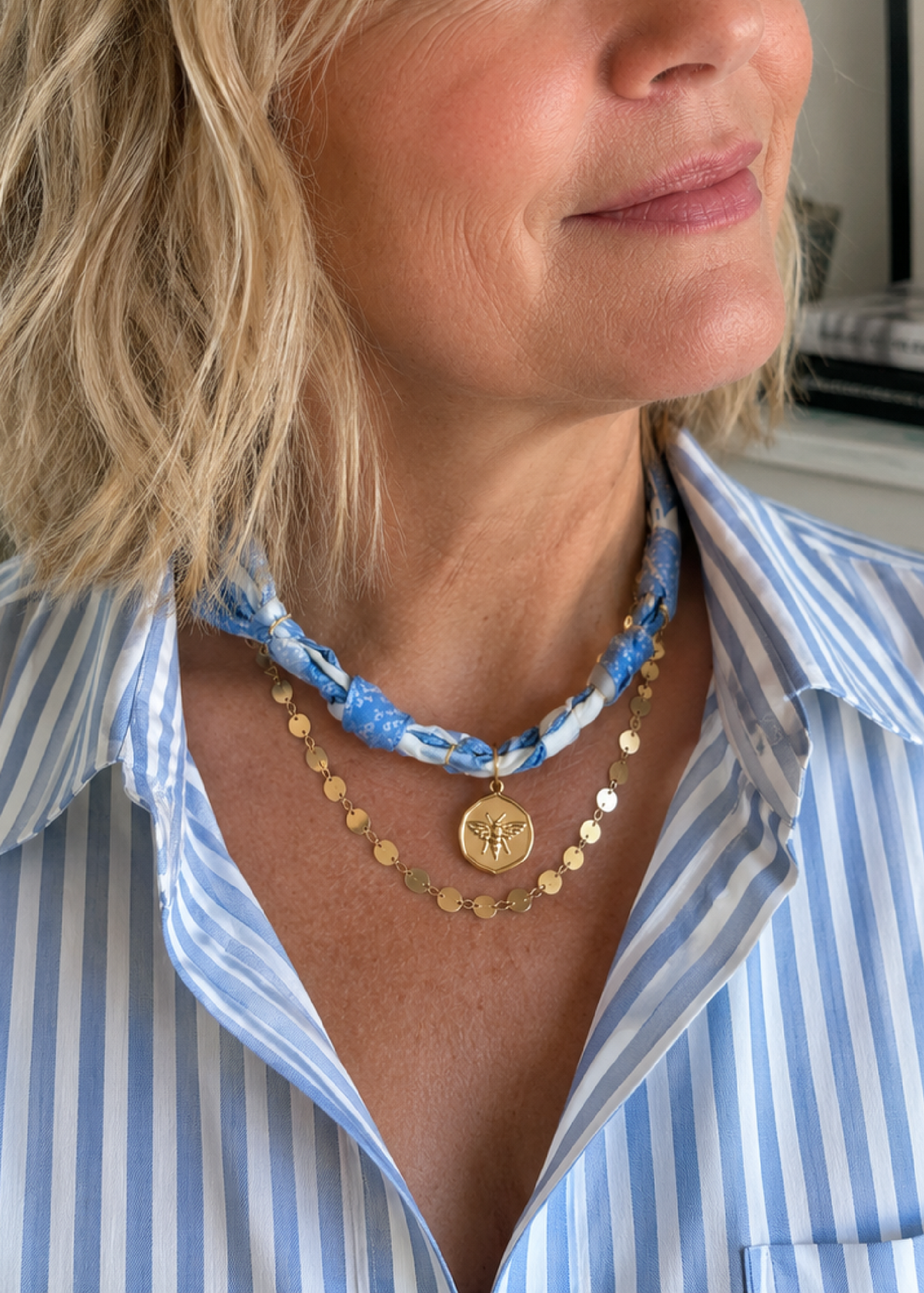 Tan scarf charm necklace with gold heart pendant for summer style