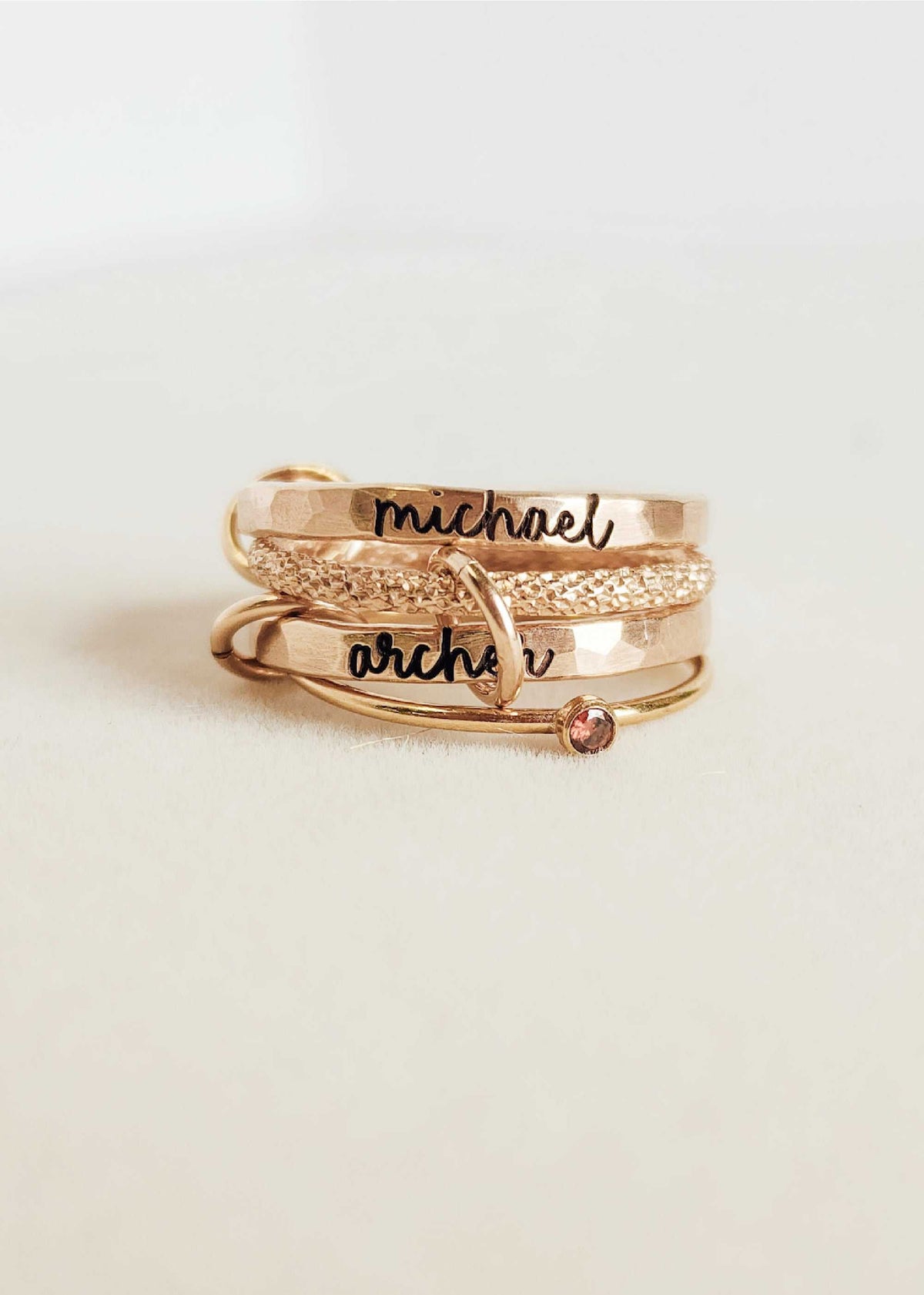 Personalized Connector Ring Set with cursive name rings, beaded and birthstone rings in gold and silver