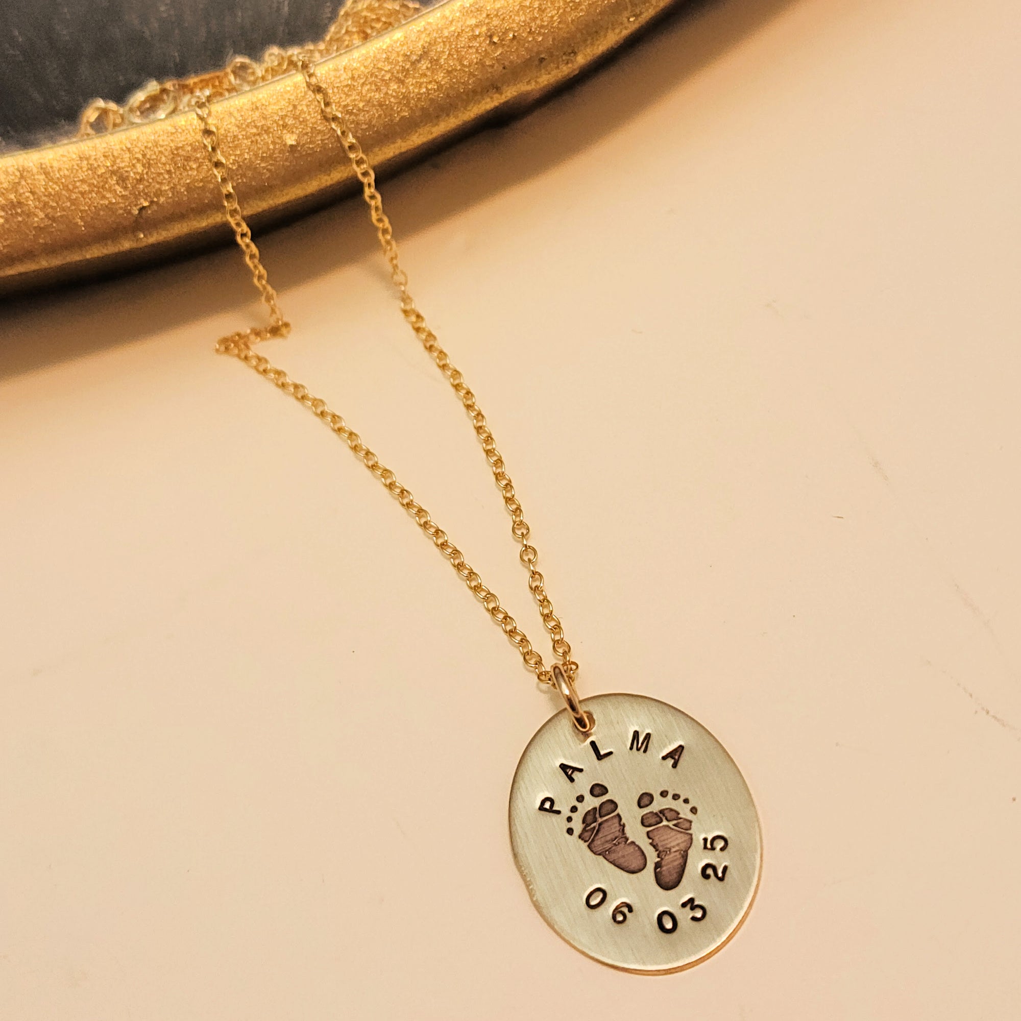 Footprint Name and Date Oval Necklace