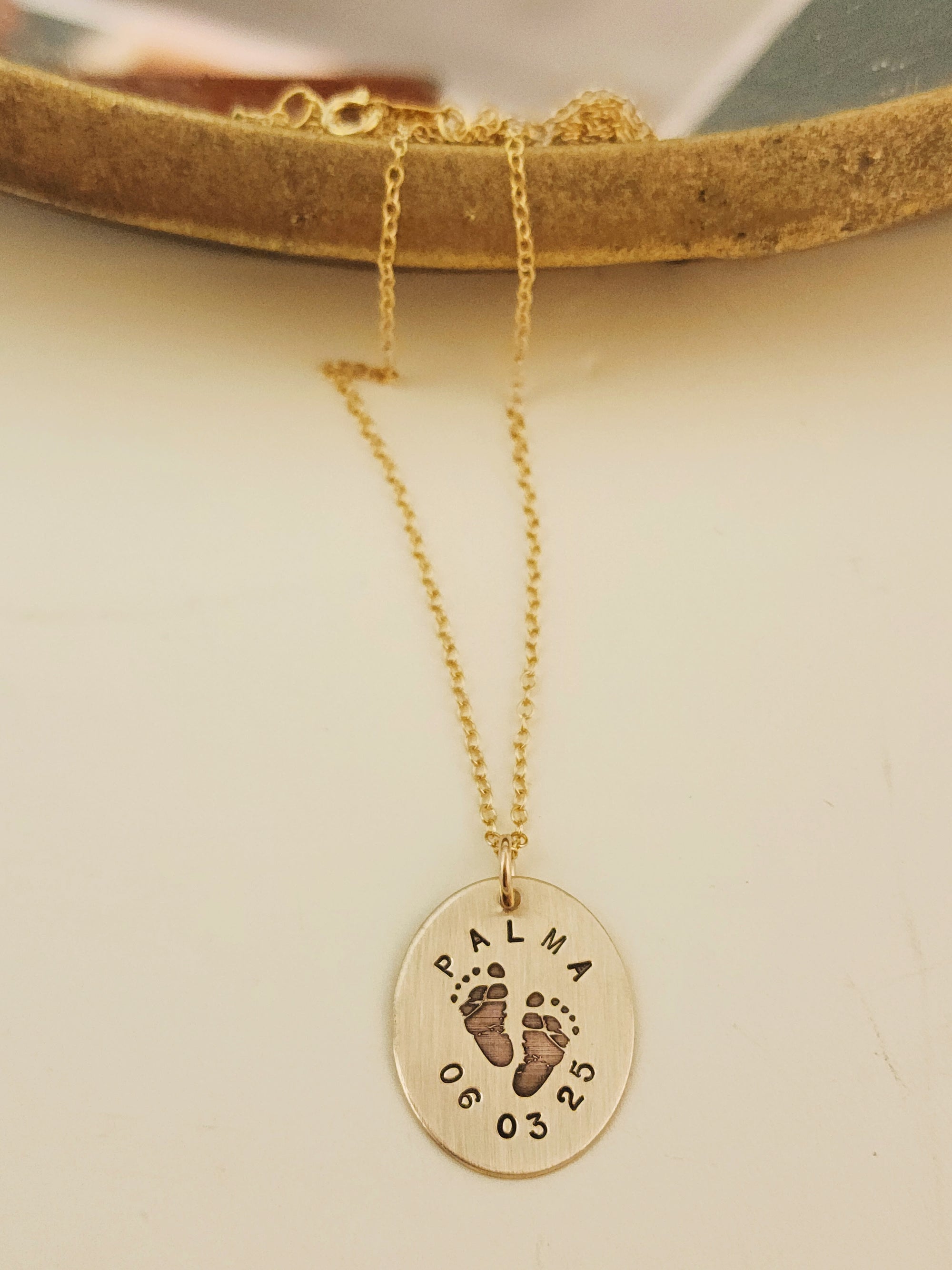 Footprint Name and Date Oval Necklace