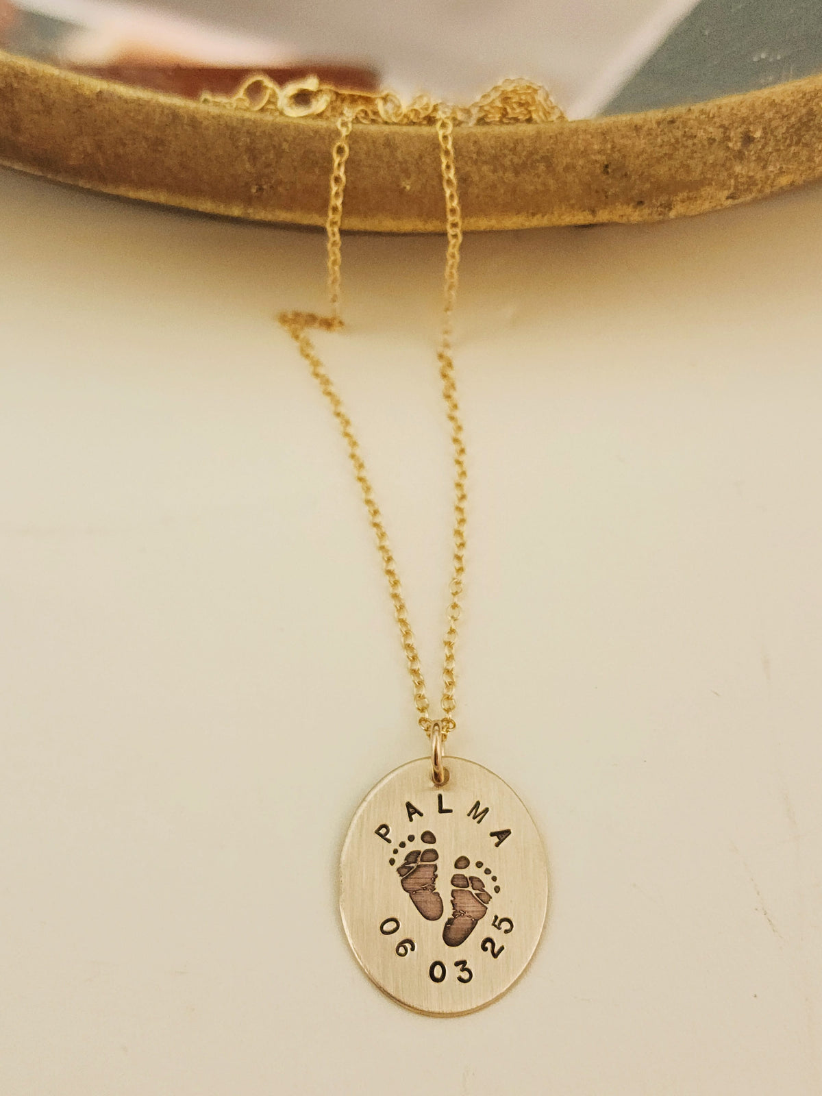 Footprint Name and Date Oval Necklace - Going Golden