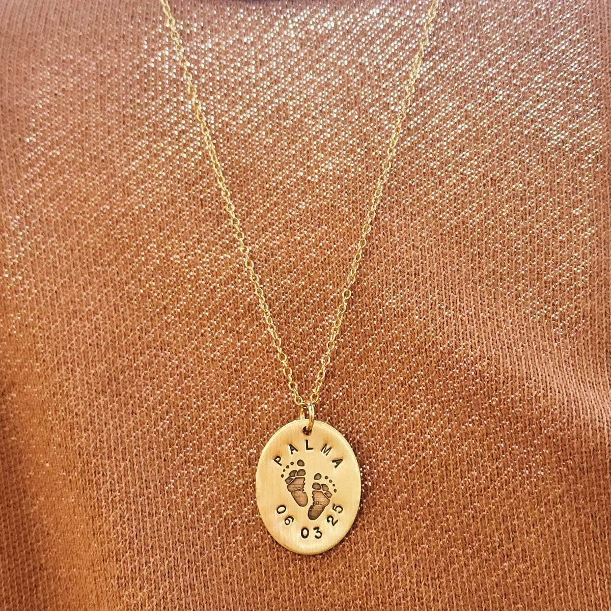 Footprint Name and Date Oval Necklace - Going Golden