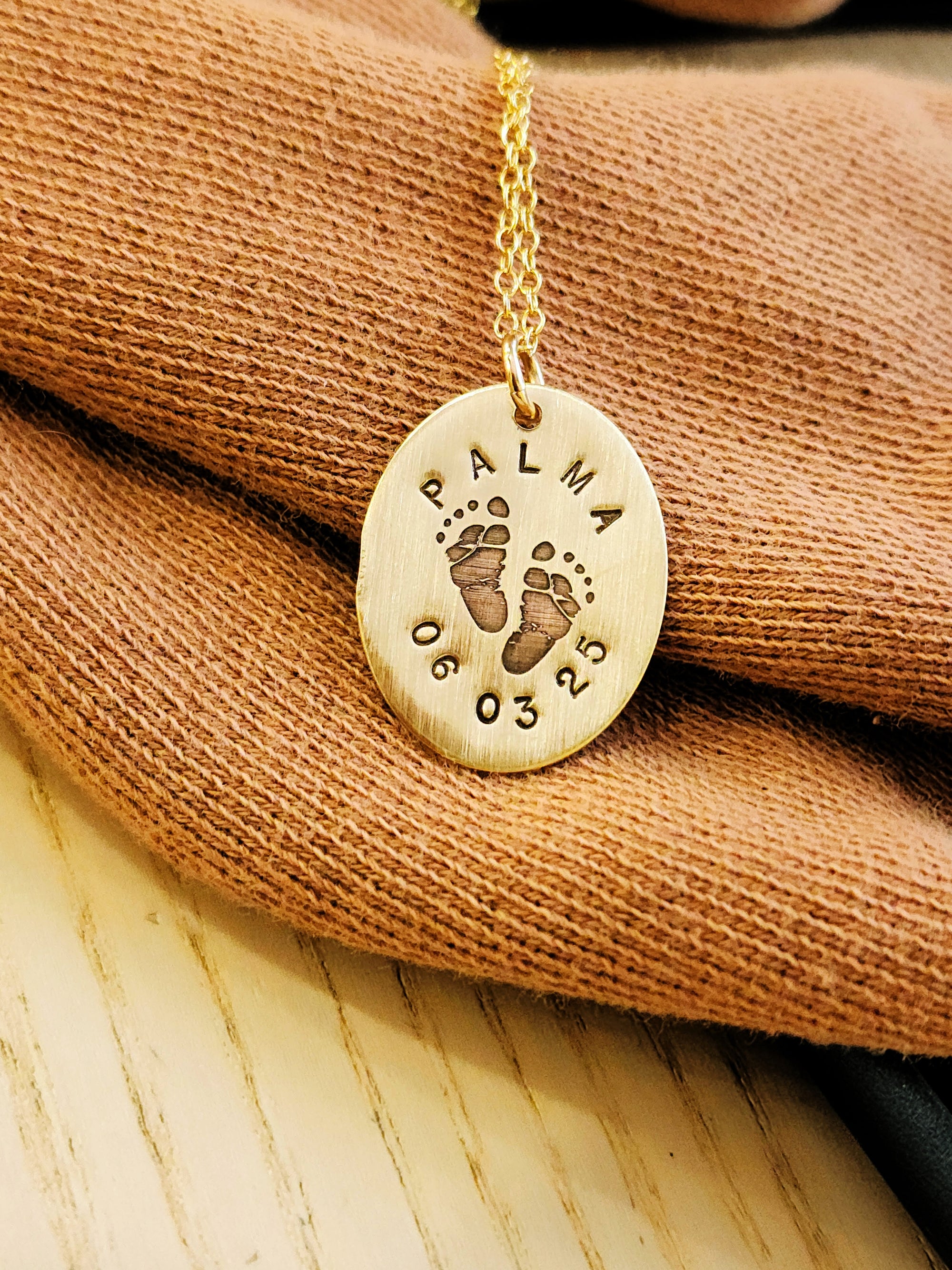 Footprint Name and Date Oval Necklace
