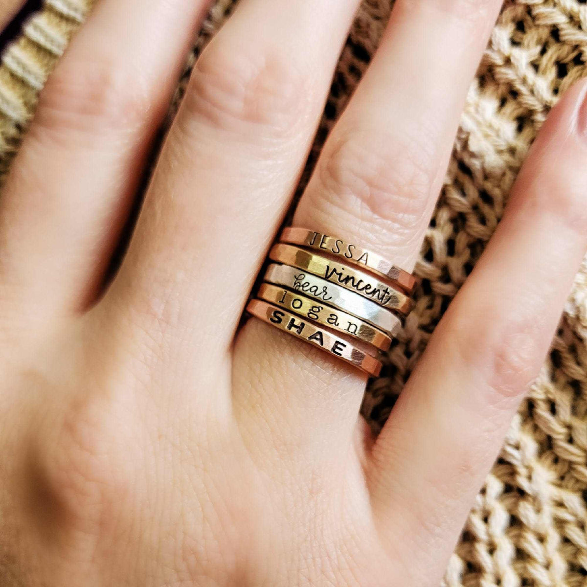 Mom of five name ring set personalized in different fonts
