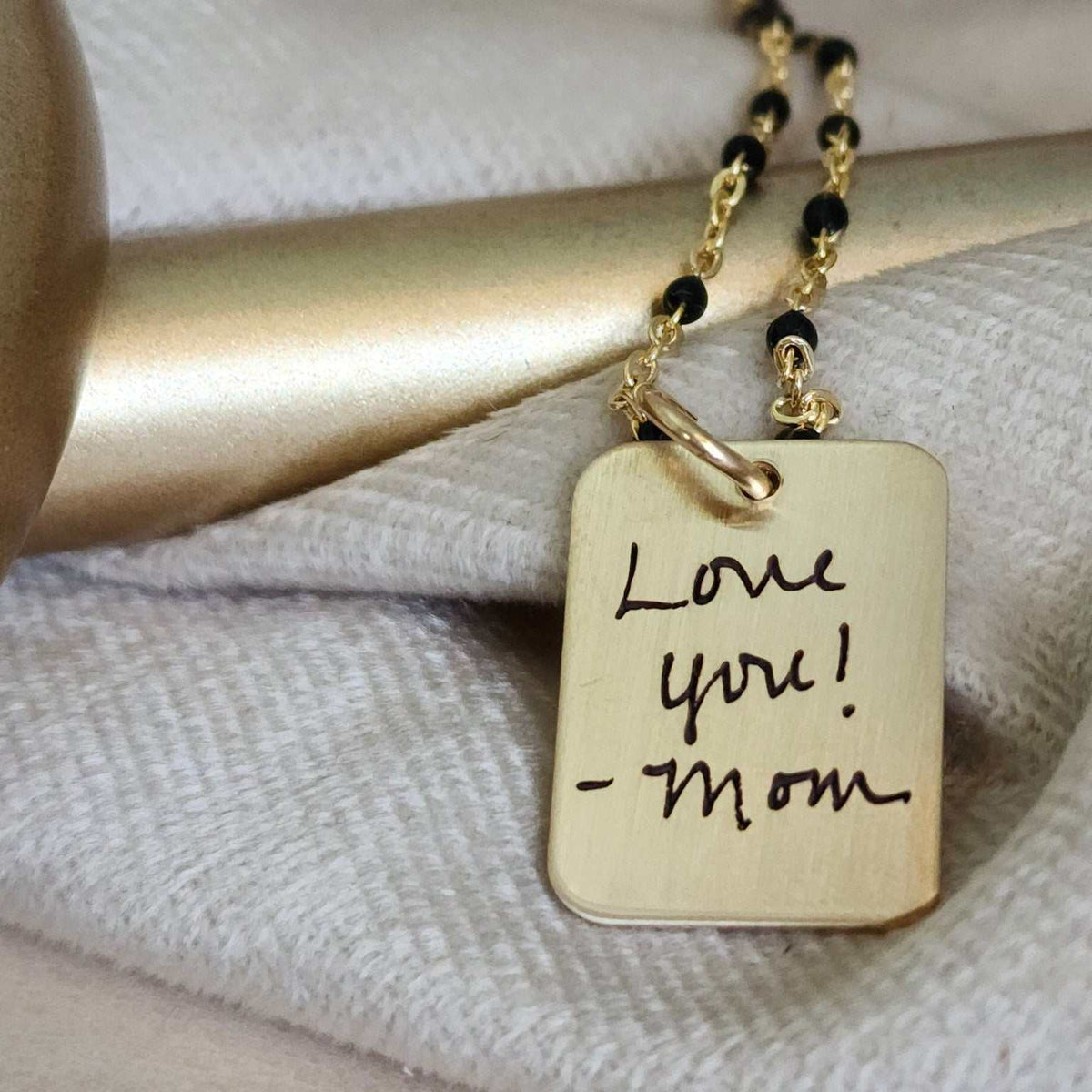 Custom Handwriting Rectangle Necklace in 14K Gold with Engraved Handwriting on Pendant