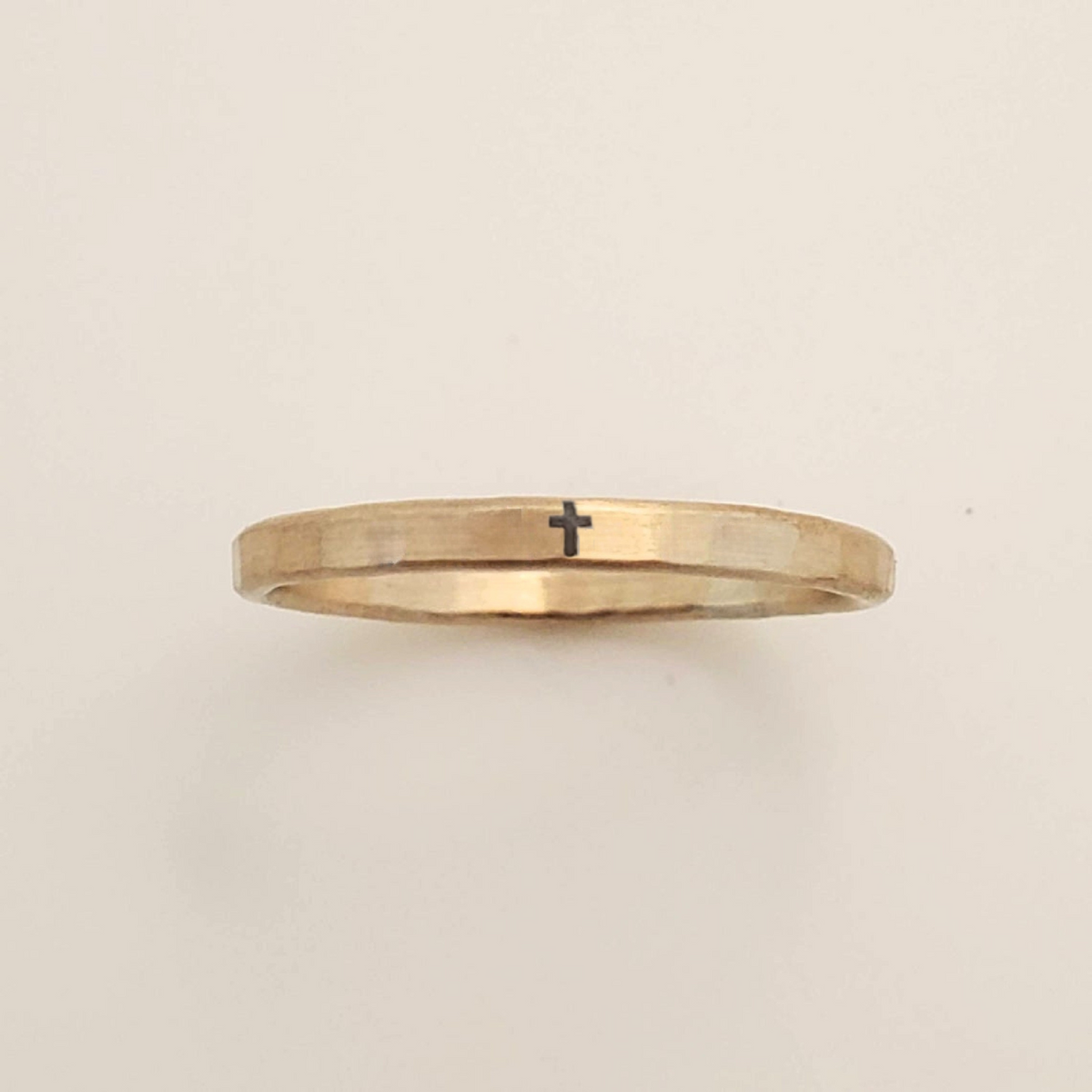 Handcrafted engraved cross symbol ring with slim band in silver and gold finishes