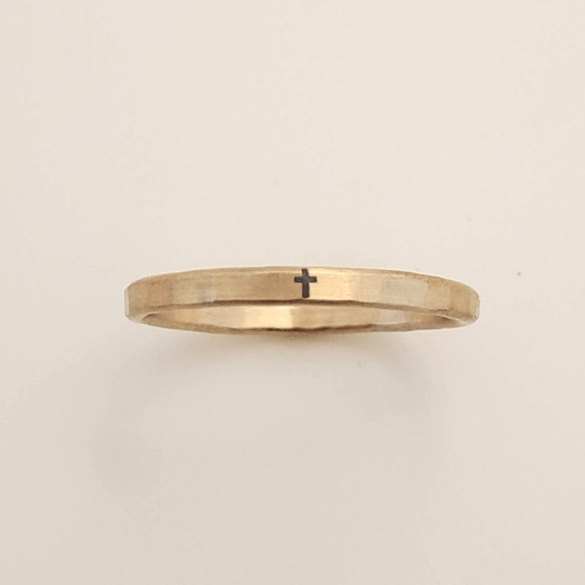 Handcrafted engraved cross symbol ring with slim band in silver and gold finishes