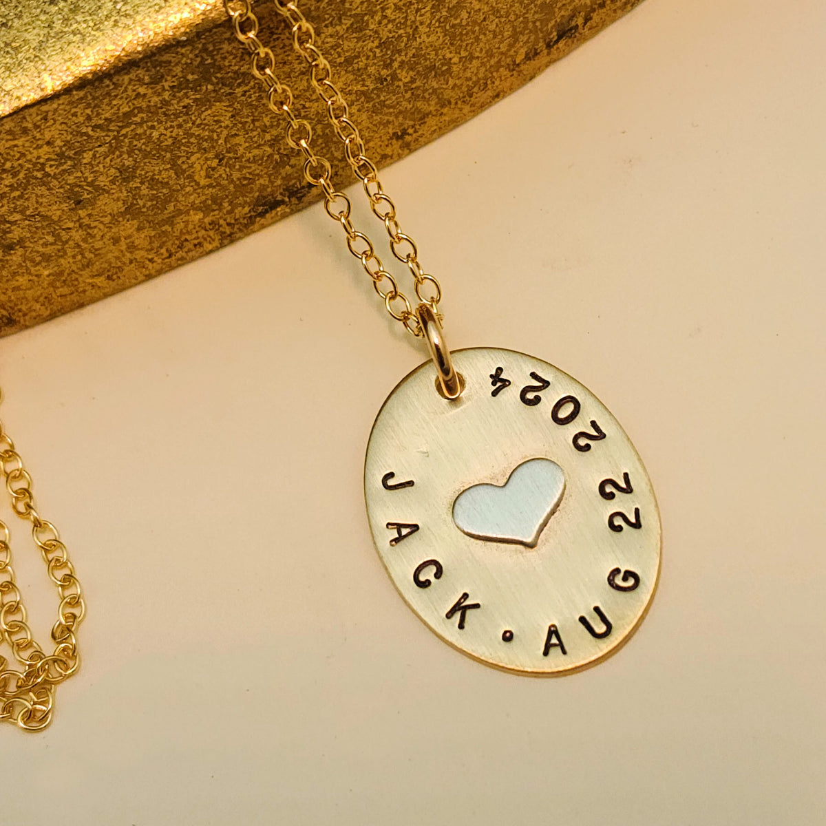 Gold Oval Name Necklace with Silver Heart - Going Golden
