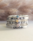 silver personalized handmade stacking rings engraved with names in different fonts