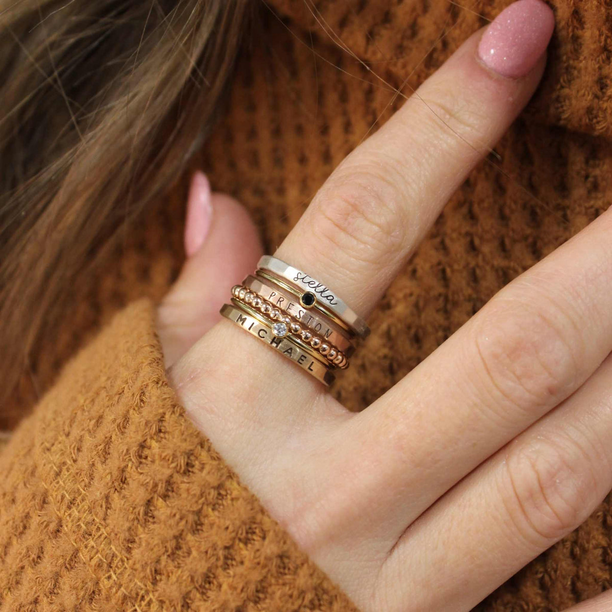 handmade engraved 2mm rings with kids names for Mother's Day