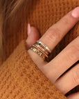 one fine silver personalized ring, one 14k rose gold filled personalized stacking ring, one 14k yellow gold filled personalized stacking ring mixed with one beaded ring and two birthstone rings