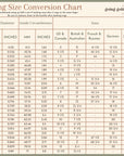 The chart includes measurements for inside diameter and inside circumference in both millimeters (MM) and inches. It provides ring size equivalents for different regions, including US & Canada, British & Australian, French & Russian, German, and Japanese sizing systems.
