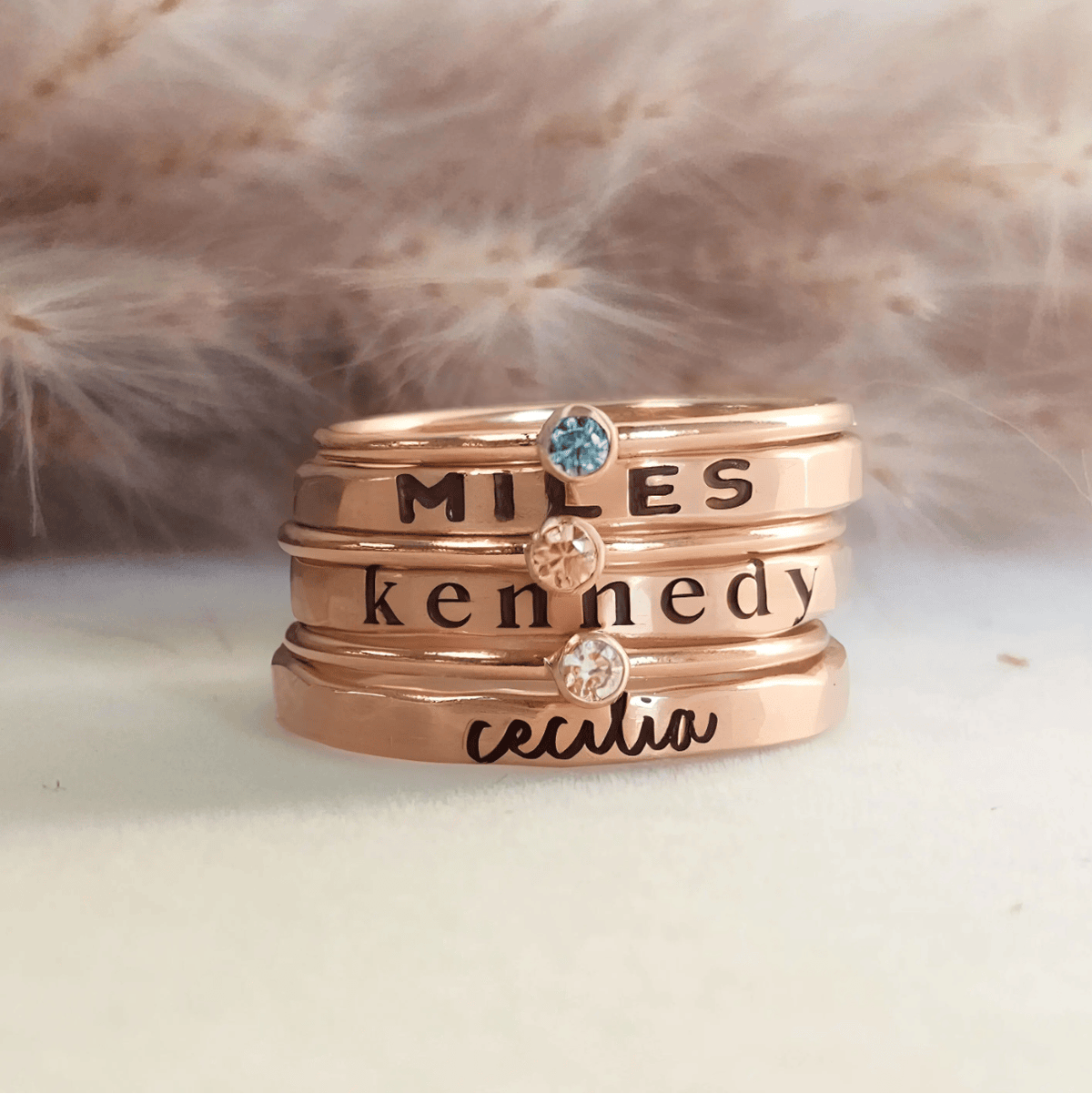 14k rose gold-filled personalized rings with name and birthstone rings