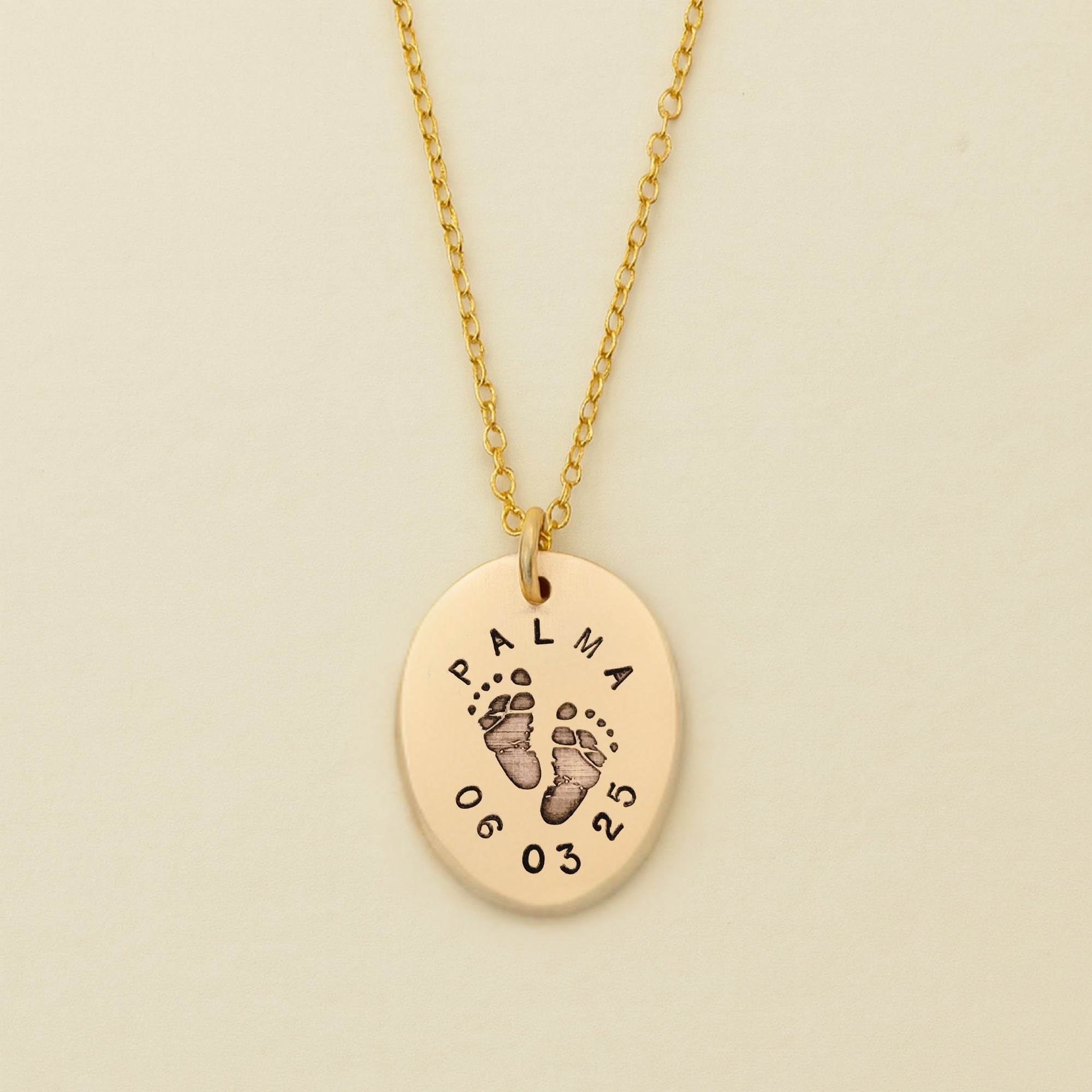 Footprint Name and Date Oval Necklace