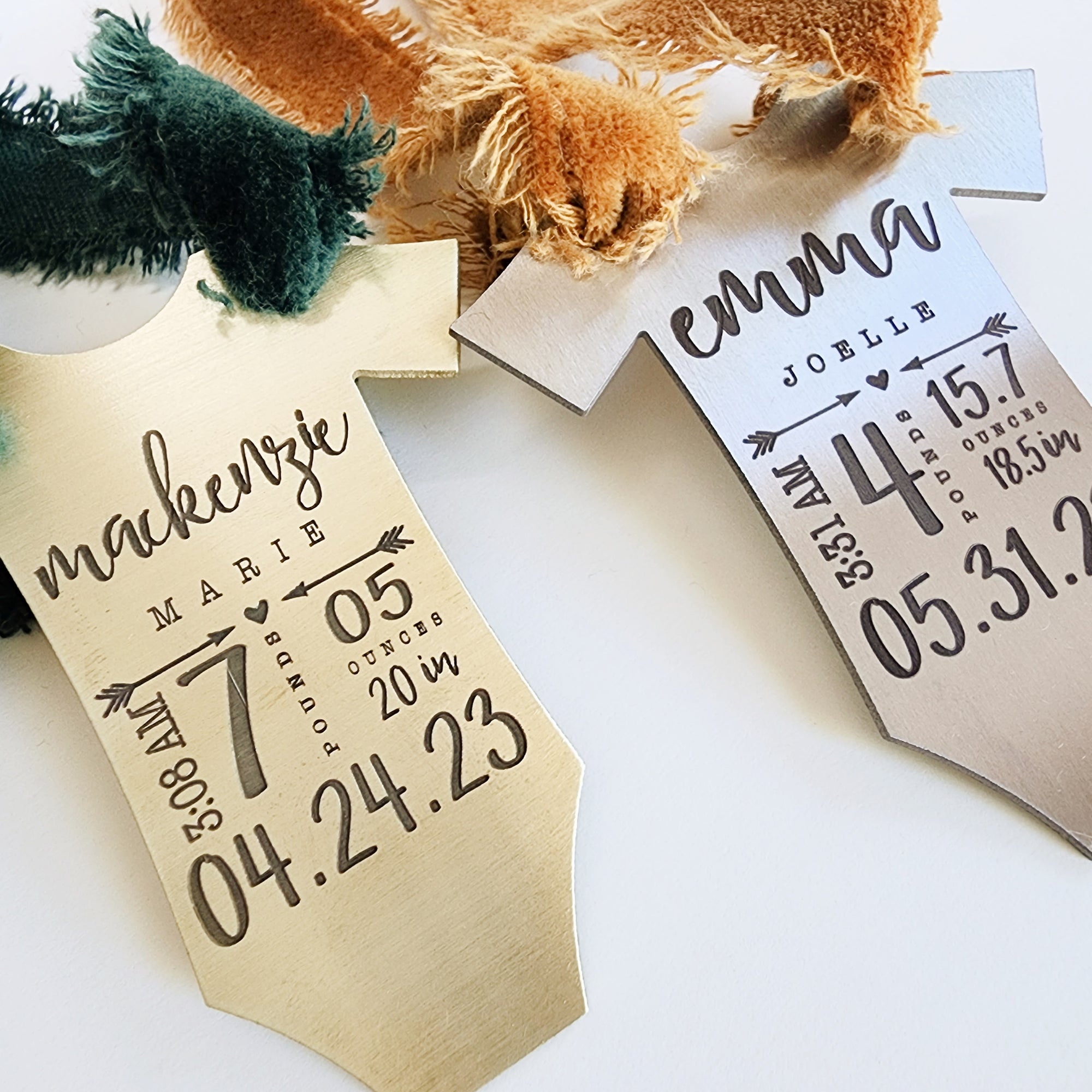 Custom baby stats ornament with mahogany velvet ribbon and birth info
