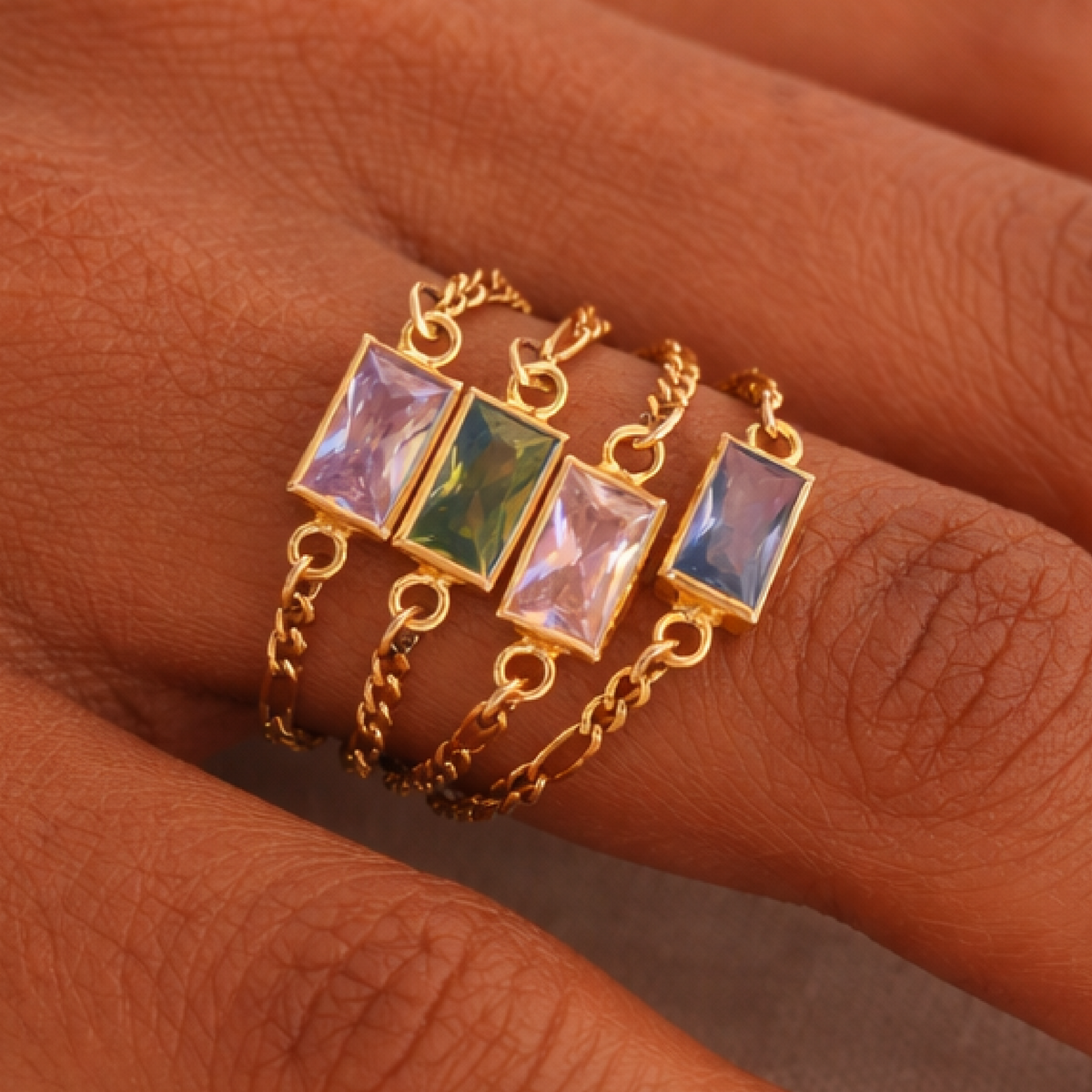 Delicate birthstone chain ring with rectangular gemstone and fine chain band, stackable and available in gold filled or sterling silver.