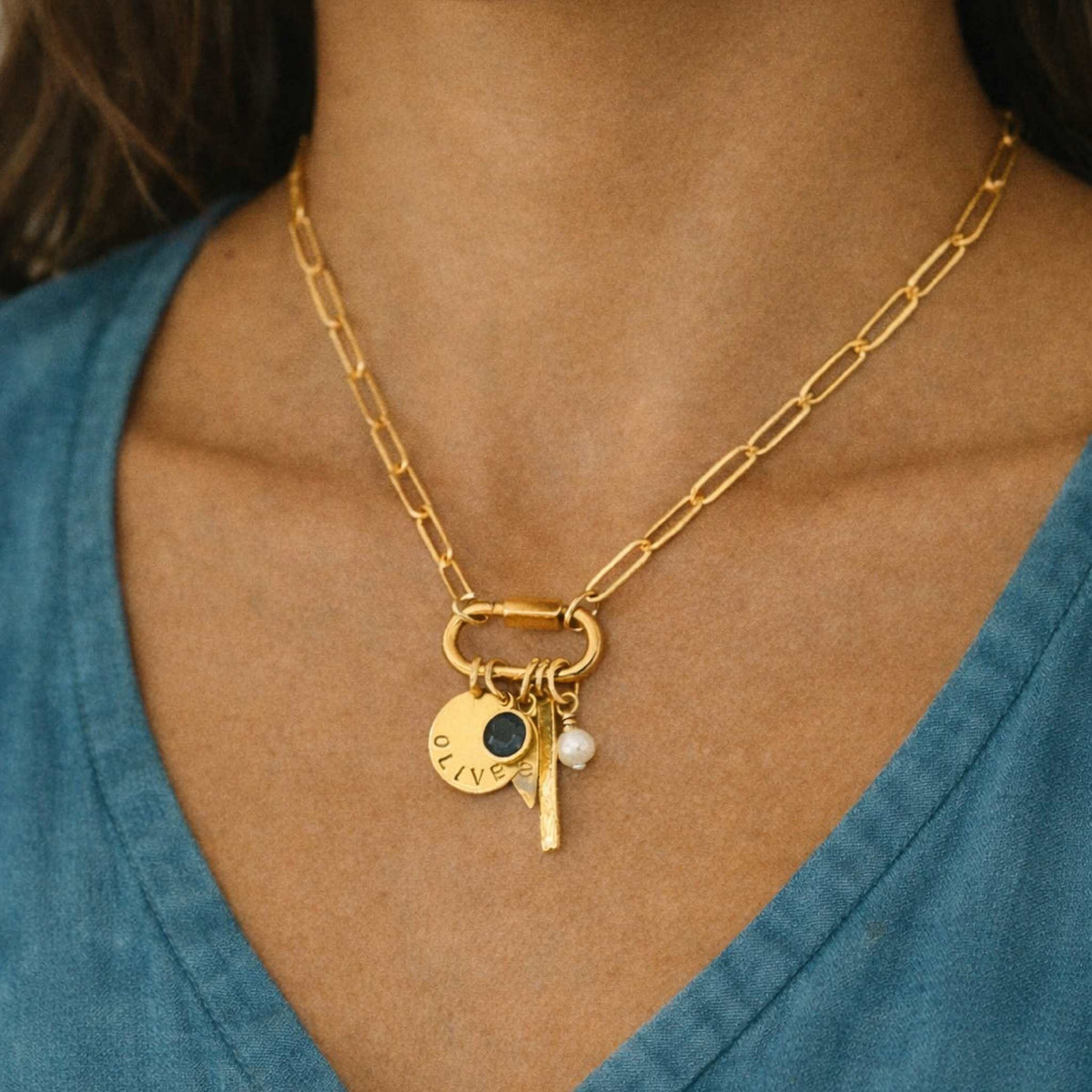 Gold Carabiner Paperclip Charm Necklace with 18K PVD gold chain and clasp