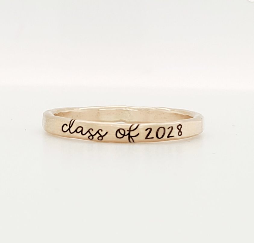 Delicate 2mm personalized class stacking ring in 14K gold and silver, perfect for daily wear and gifting new high schoolers