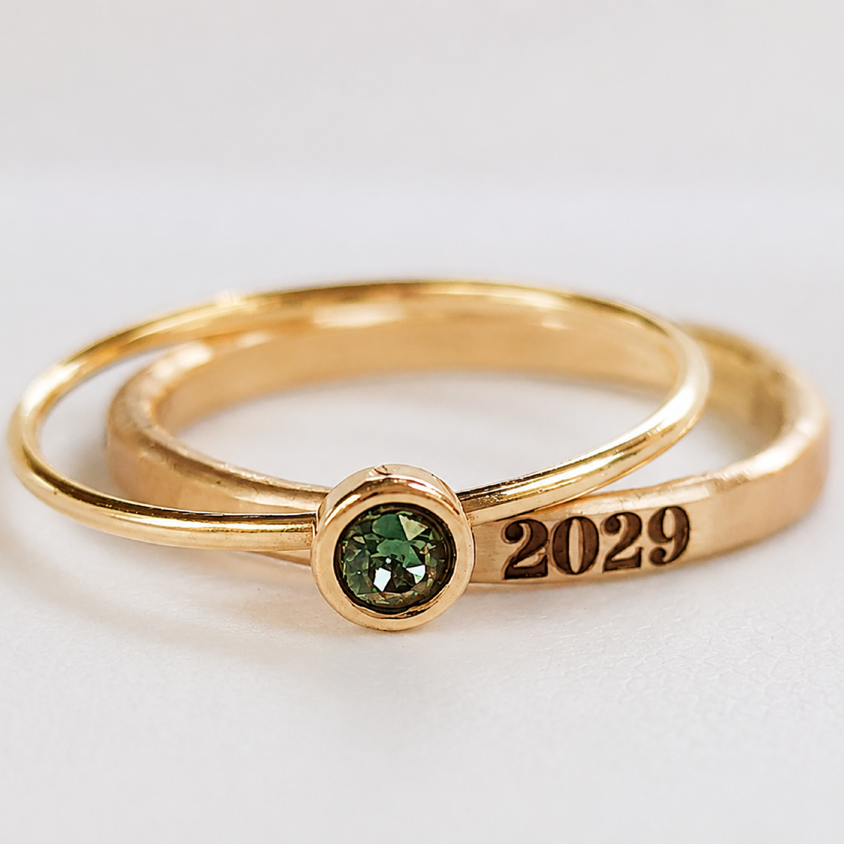Stacking ring set with engraved year and personalized birthstone in 14k gold-filled finish