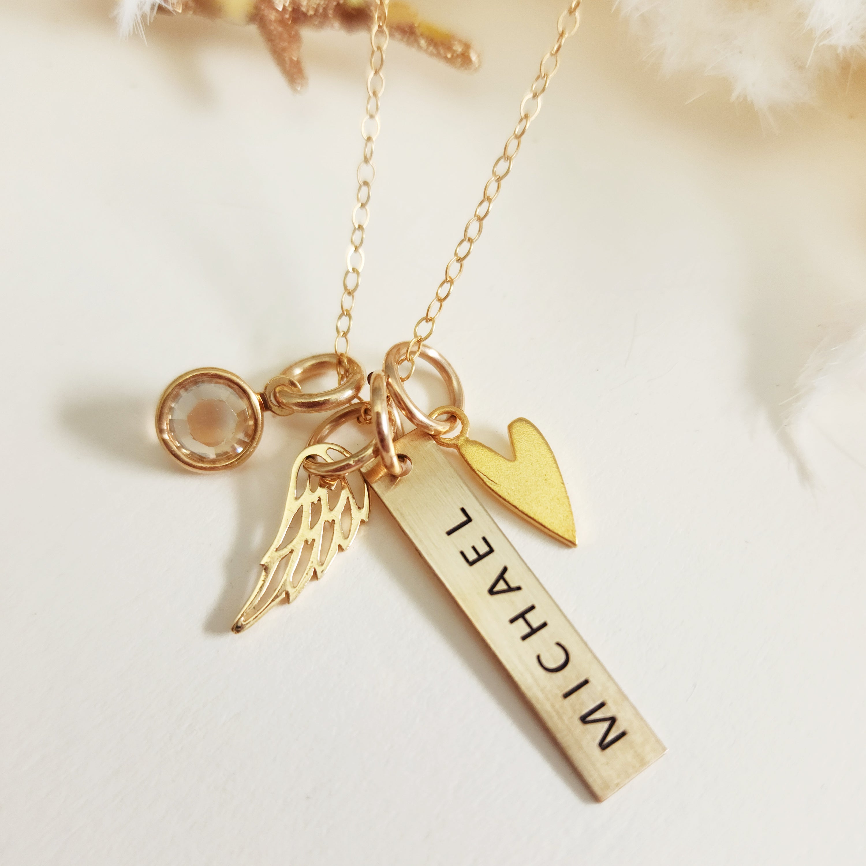 Gold Bar Necklace with Angel Wing, Heart, and Birthstone