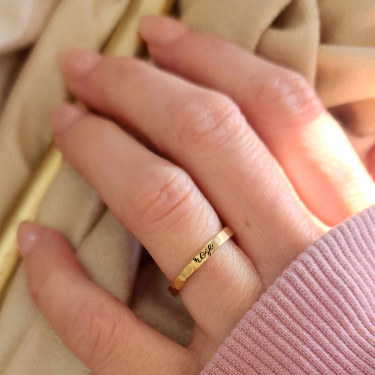 Thin Cursive Stacking Name Ring - Going Golden