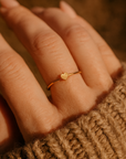 Close-up of a hand wearing a gold heart-shaped ring on a textured brown background