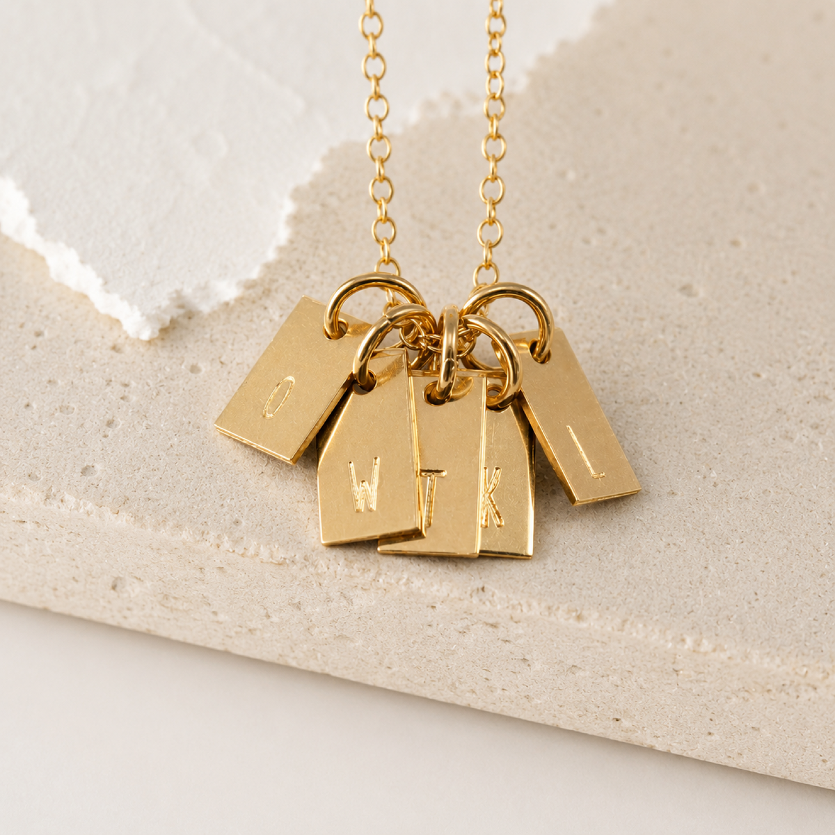 Dainty Gold Initial Tag Necklace with 14k gold filled chain and customizable initial tags