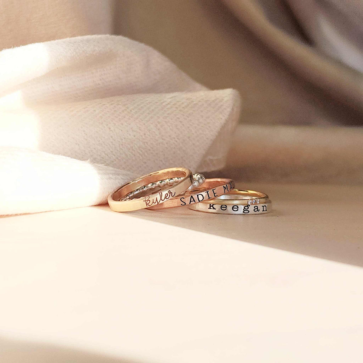 2mm stacking ring set with kids names and birthstone