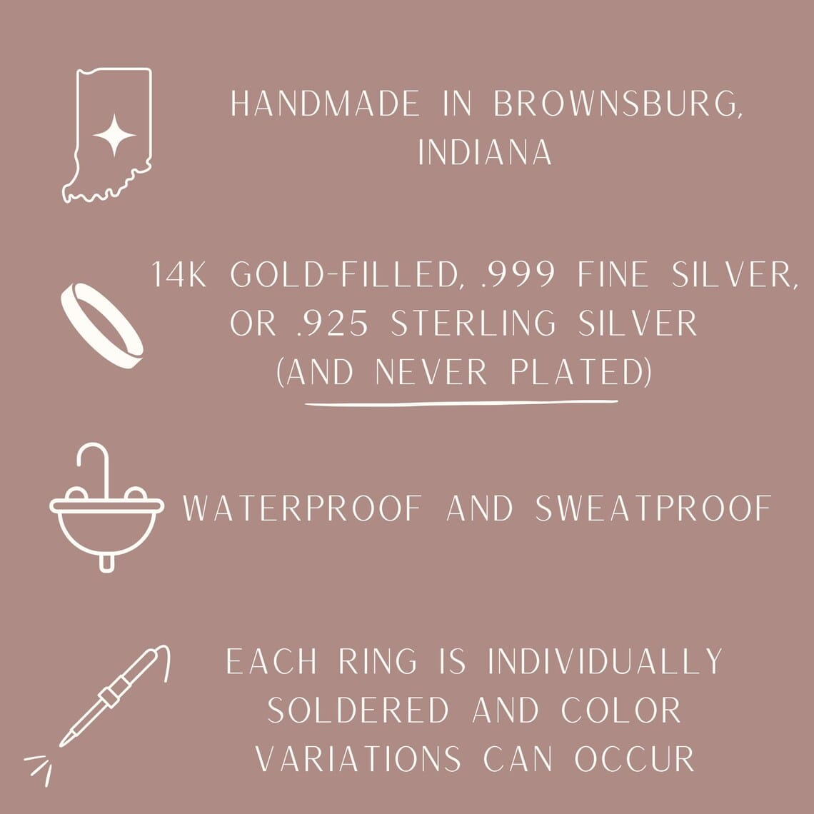 Informational graphic with product details including handmade in Brownsburg, Indiana, metal types, and durability.