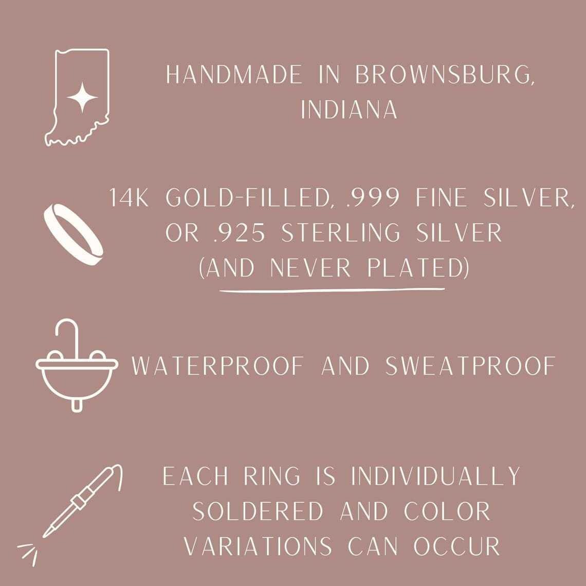 Informational graphic with product details including handmade in Brownsburg, Indiana, metal types, and durability.