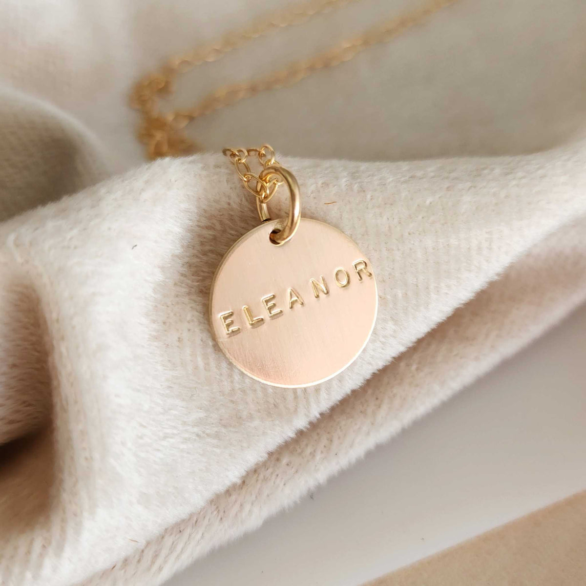Minimal gold disc name necklace personalized with one name, 14K rose or yellow gold-filled, brushed matte finish