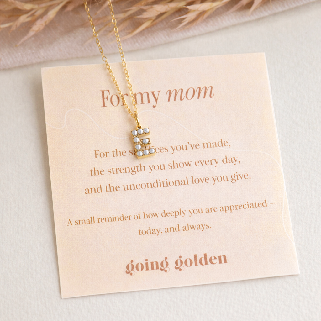 Delicate gold-plated For My Mom Necklace with initial charms and faux pearls on an 18-inch adjustable chain in a gift box