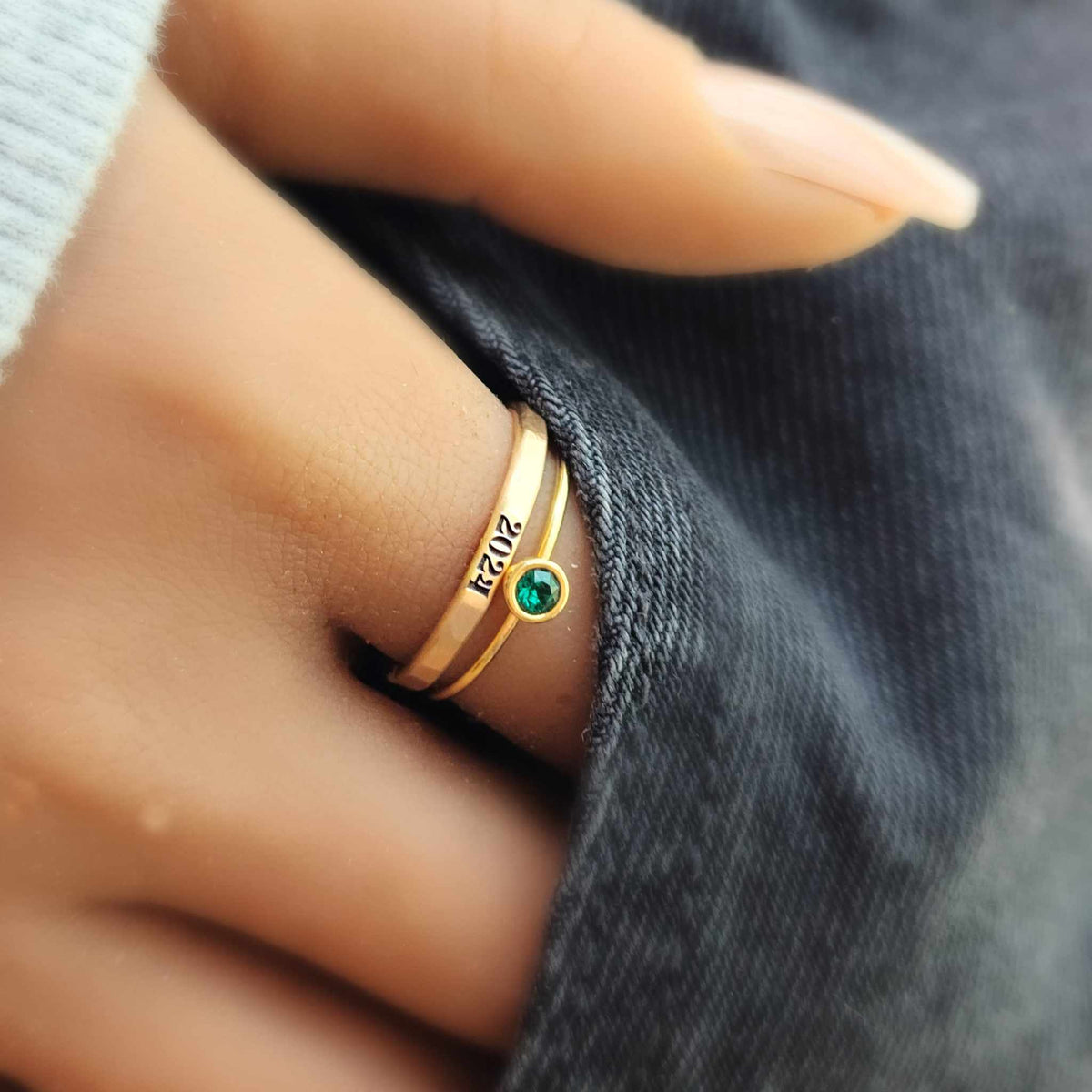 Stacking Ring Set with Year and Birthstone - The Riley - Going Golden