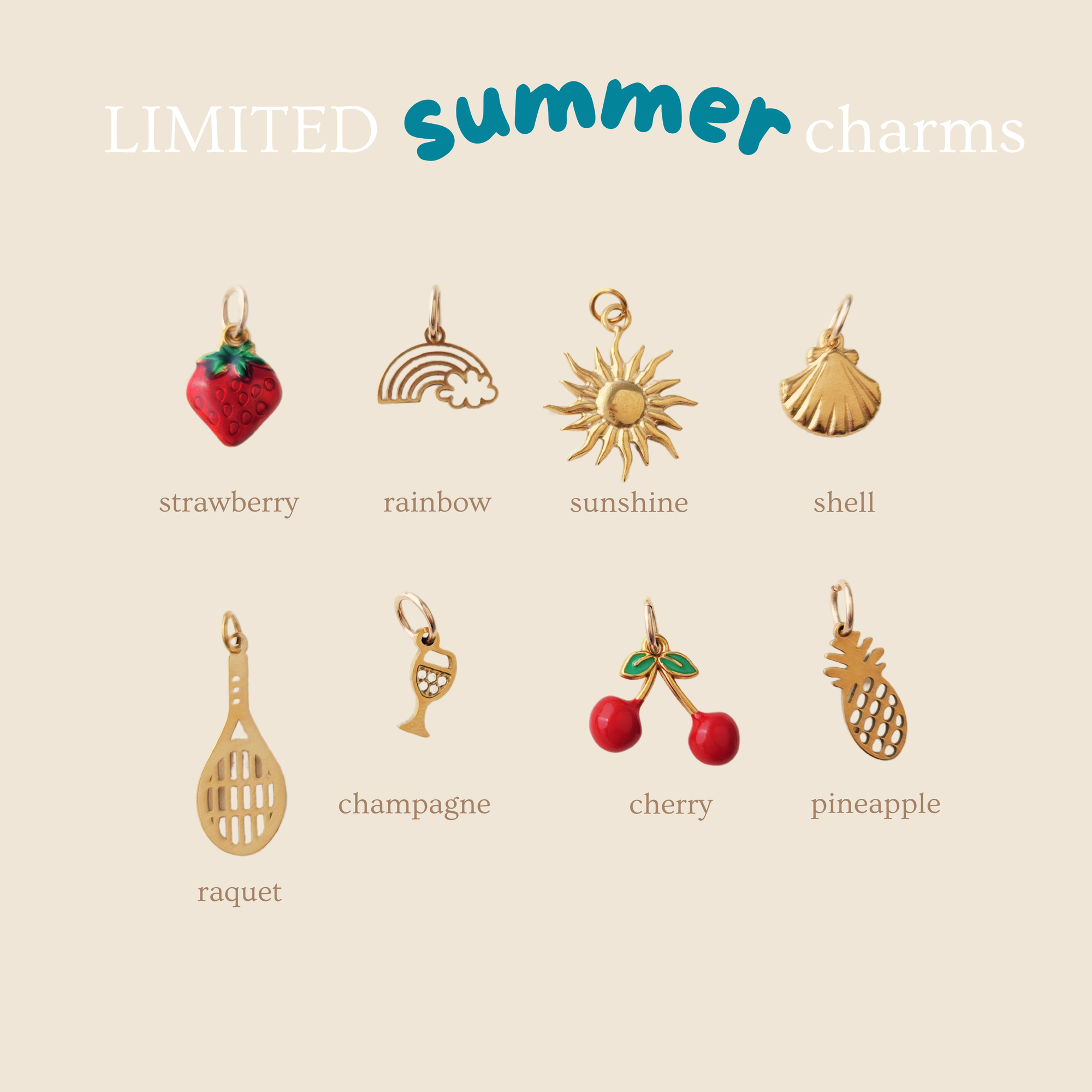 Collection of limited summer charms on a beige background