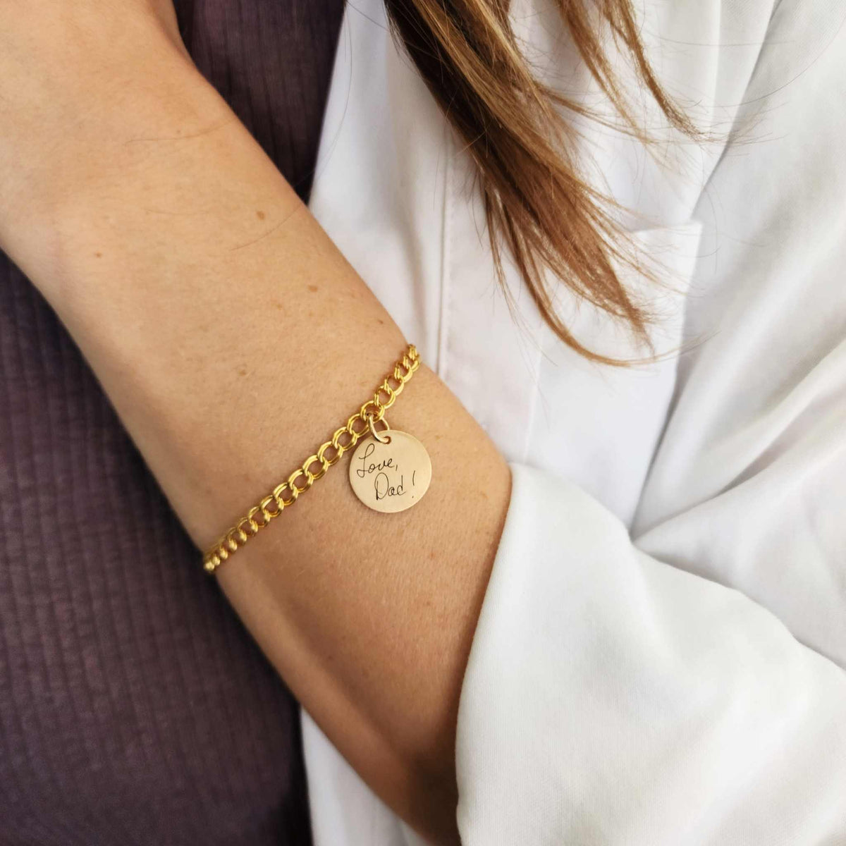 14k gold handwriting charm bracelet with custom engraved round pendant on gold chain