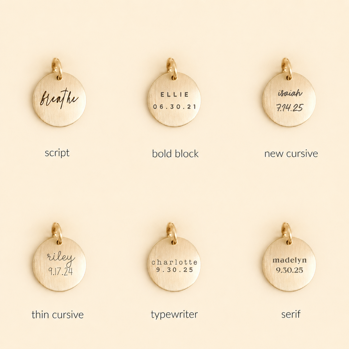 Close-up of a personalized disc charm pendant made of gold with engraved initials, designed for attachment to necklace chains.