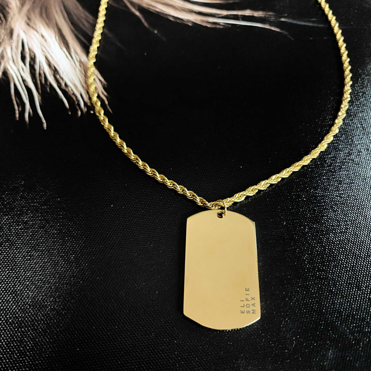 Gold necklace with a dog tag on a black background