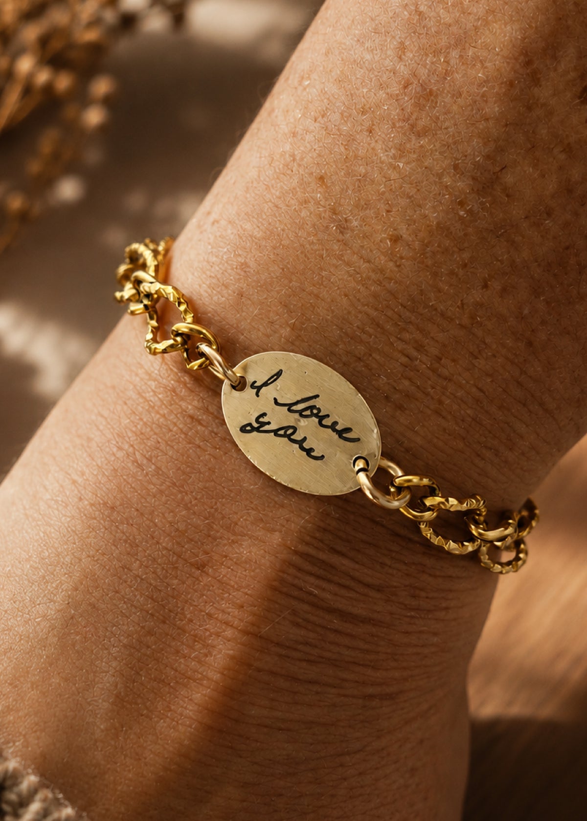 Gold Textured Oval Handwriting Bracelet