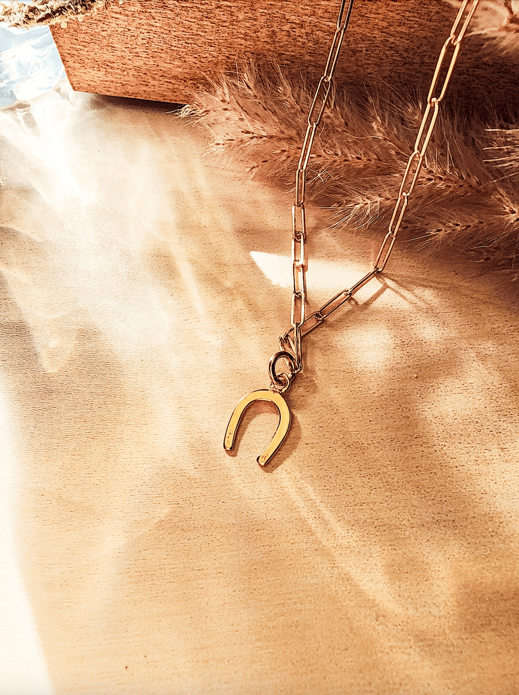 14K gold horseshoe necklace on elongated paperclip chain with lobster clasp