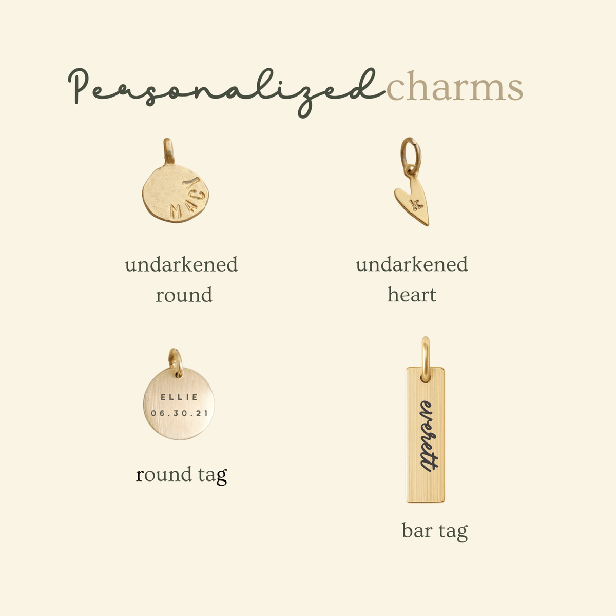 Collection of personalized gold charms on a beige background with text.