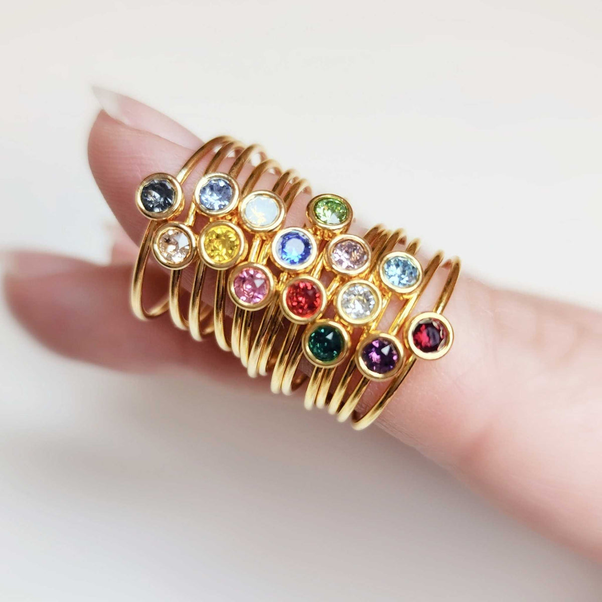 Large birthstone stacking ring with 4mm CZ stone on 14K yellow gold-filled band