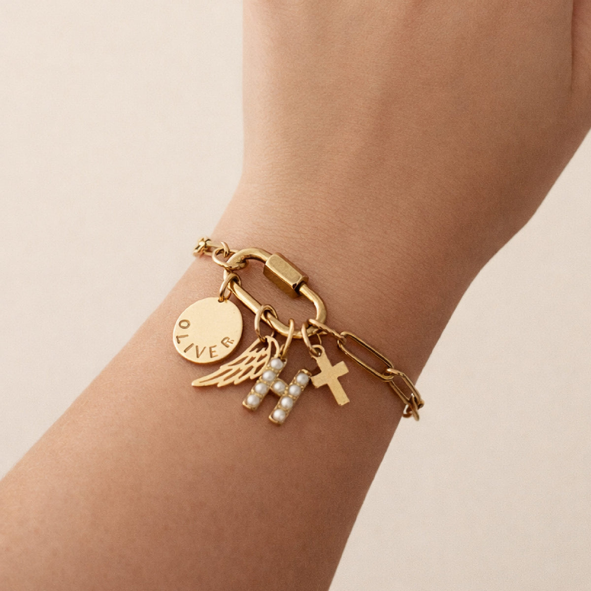 Gold carabiner paperclip charm bracelet with gold-filled chain and secure closure