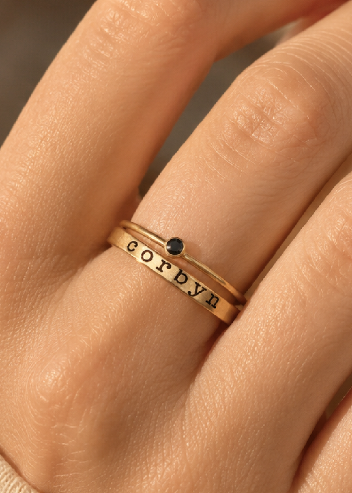 The Ensley Stacking Ring Set with personalized name ring and birthstone ring in sterling silver, gold-filled, and rose gold-filled options