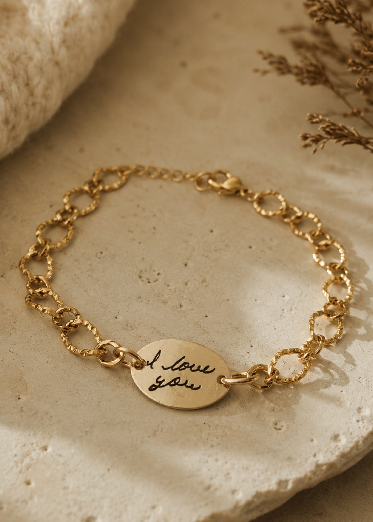 Gold Textured Oval Handwriting Bracelet