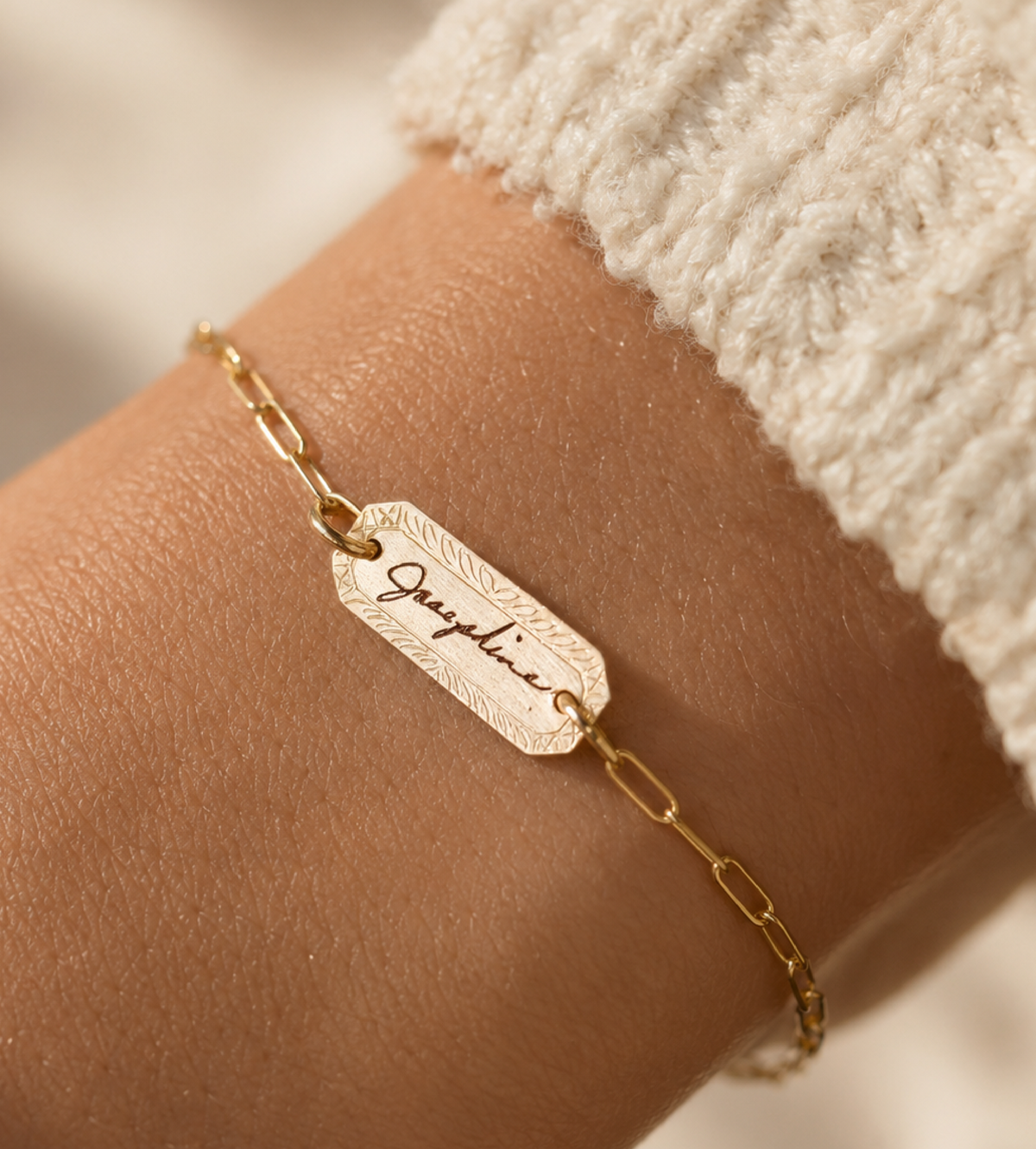 Gold filled handwriting bracelet with customizable signature memorial gift on paperclip chain