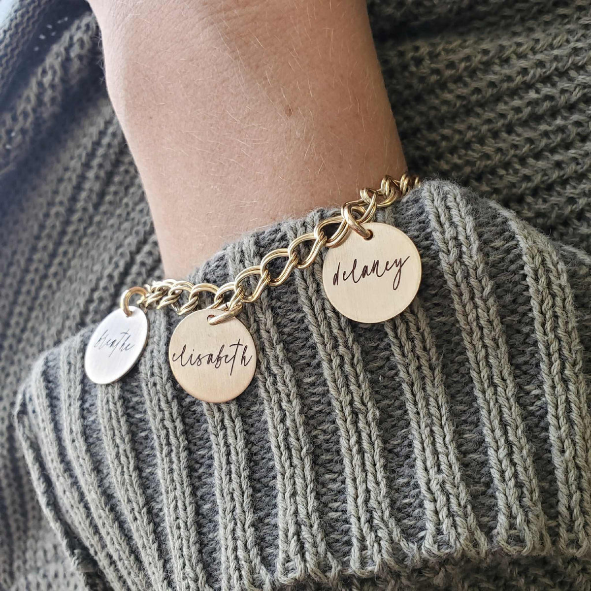 Personalized 14K gold-filled name charm bracelet with up to eight engraved tags