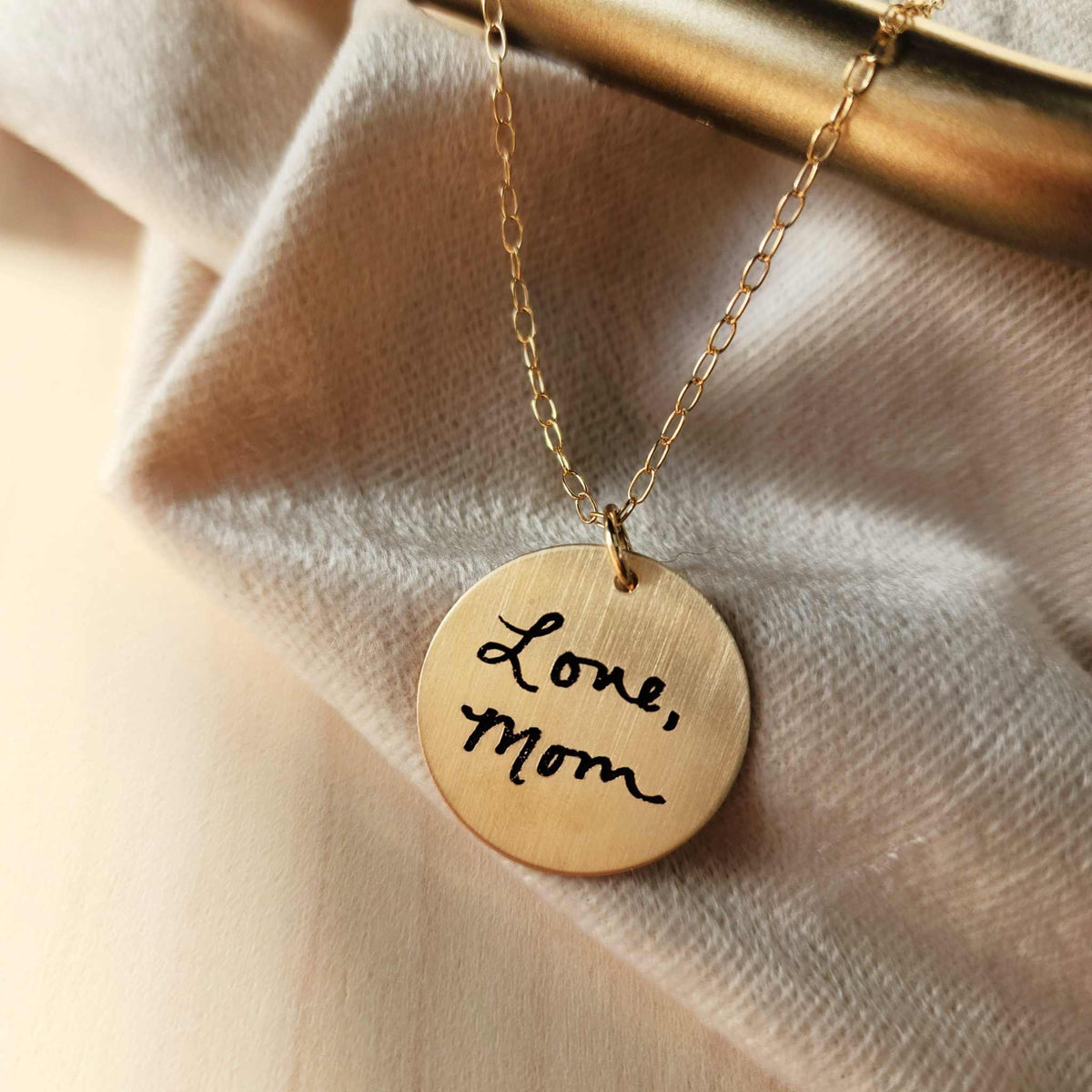 Handwriting necklace with custom engraved pendant in sterling silver, gold-filled, and rose gold-filled options