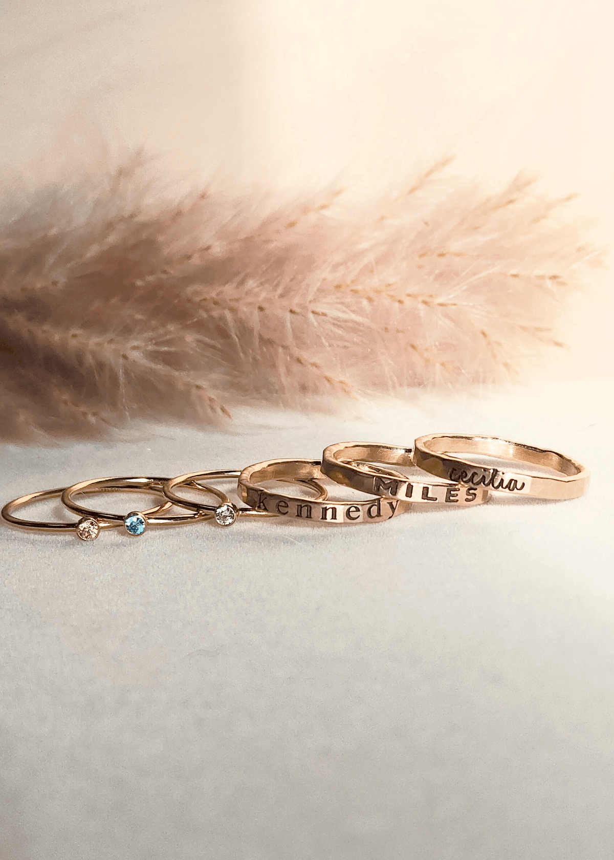bold engraved ring sets with mix and match fonts and birthstone rigns