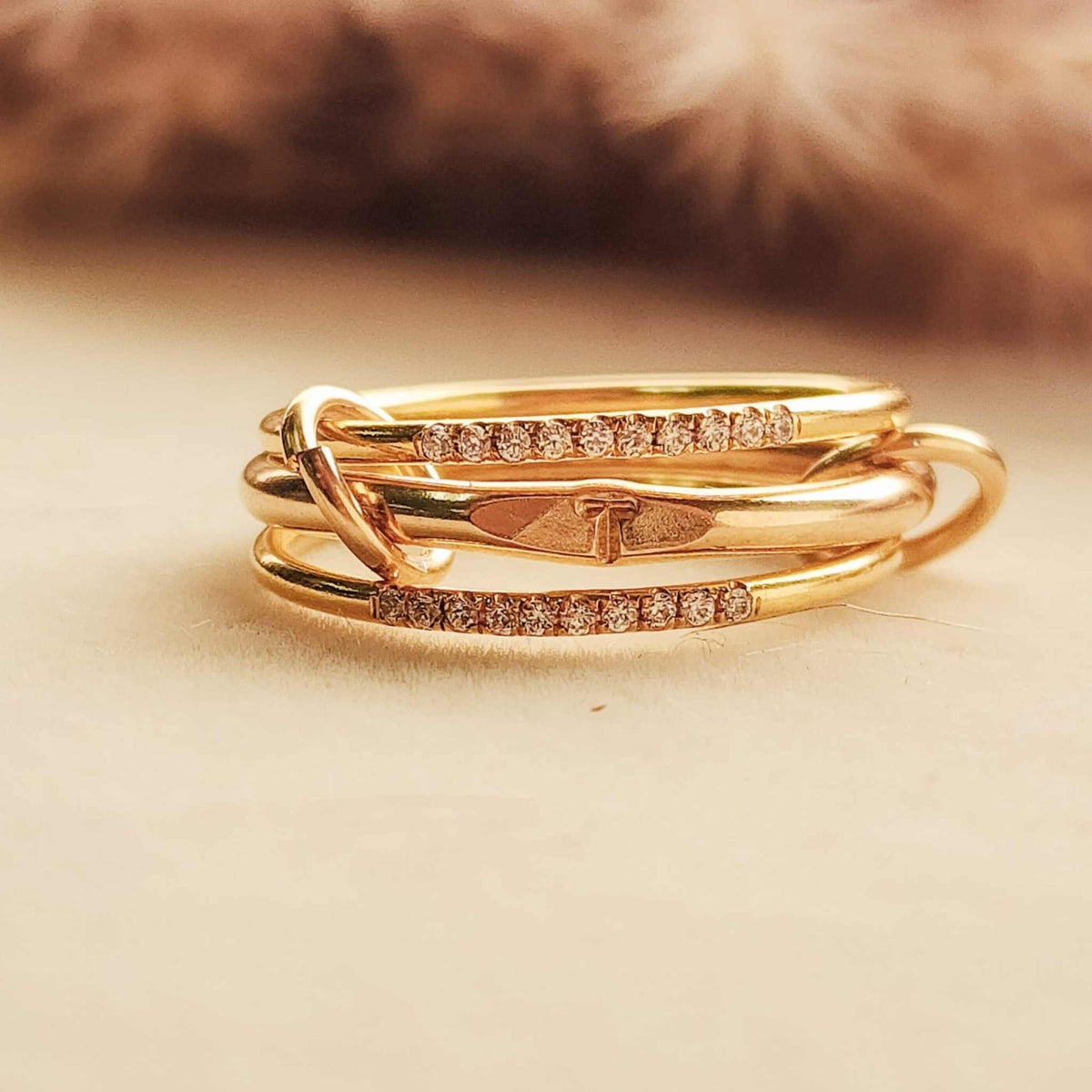 Initial Signet Connected Ring Set with cubic zirconia and free-moving link connectors in gold and silver