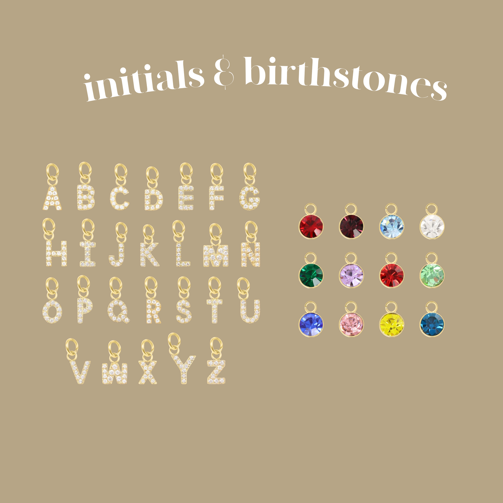 Gold letter pendants with birthstone colors on a beige background